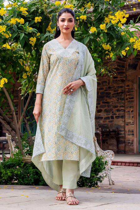Buy_Missprint_Mint Cotton Embroidery V-neck Zoya Kurta Set _Online_at_Aza_Fashions