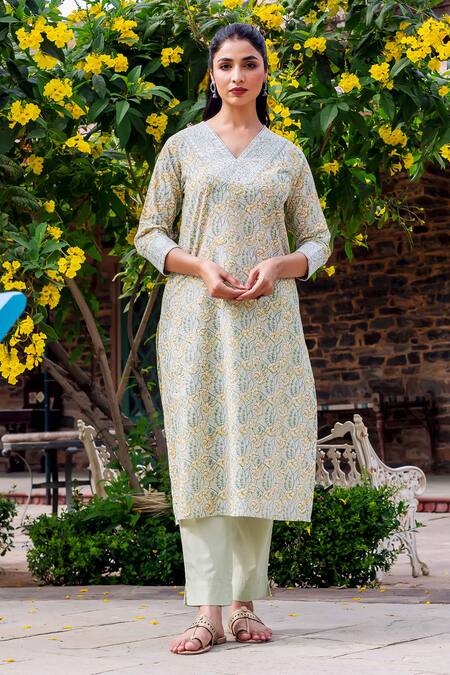 Shop_Missprint_Mint Cotton Embroidery V-neck Zoya Kurta Set _Online_at_Aza_Fashions