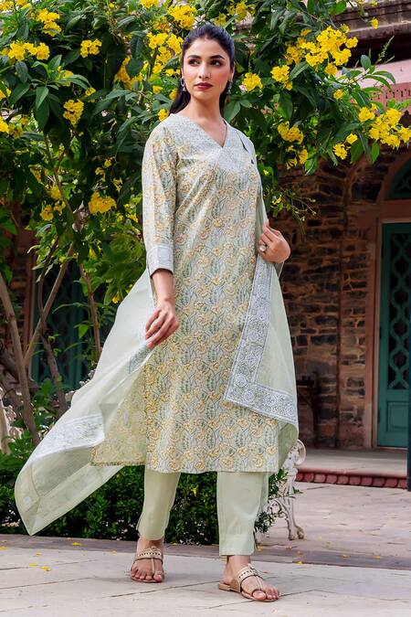 Missprint_Mint Cotton Embroidery V-neck Zoya Kurta Set _at_Aza_Fashions