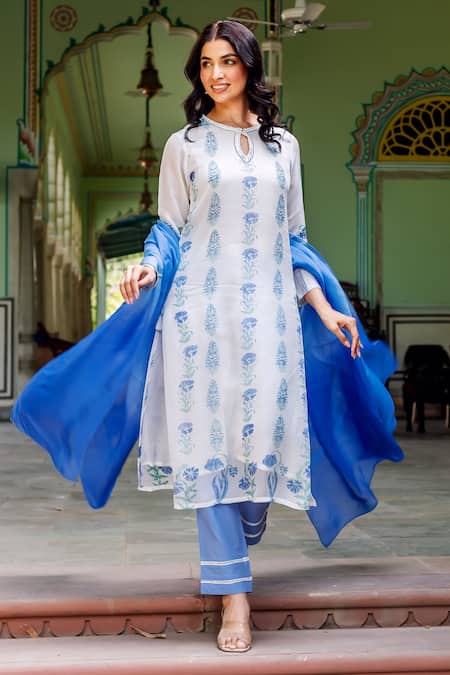 Missprint Blue Organza, Cotton Round Neck Nila Kurta Set 
