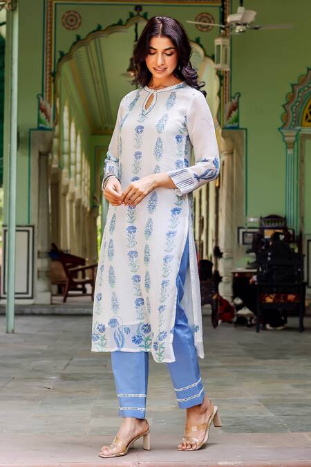 Buy_Missprint_Blue Organza, Cotton Round Neck Nila Kurta Set _Online_at_Aza_Fashions