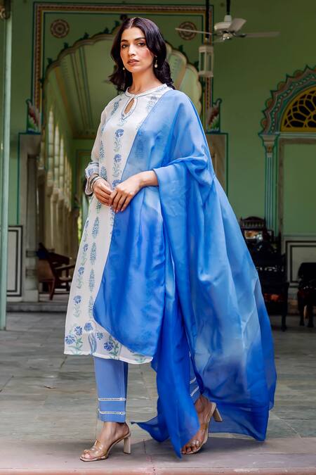 Shop_Missprint_Blue Organza, Cotton Round Neck Nila Kurta Set _Online_at_Aza_Fashions