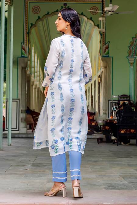 Missprint_Blue Organza, Cotton Round Neck Nila Kurta Set _at_Aza_Fashions