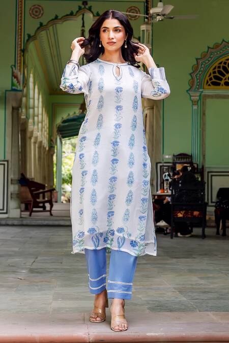 Buy_Missprint_Blue Organza, Cotton Round Neck Nila Kurta Set 
