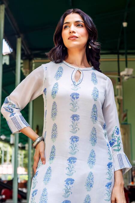 Shop_Missprint_Blue Organza, Cotton Round Neck Nila Kurta Set 
