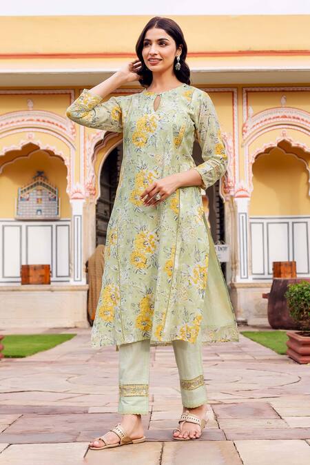 Buy_Missprint_Green Chanderi, Cotton Lace Keyhole Neck Pastel Kurta Set 