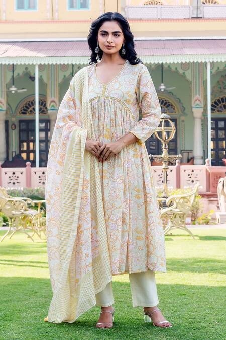 Missprint_Multi Color Cotton Embroidery V-neck Floral Anarkali Kurta Set _at_Aza_Fashions