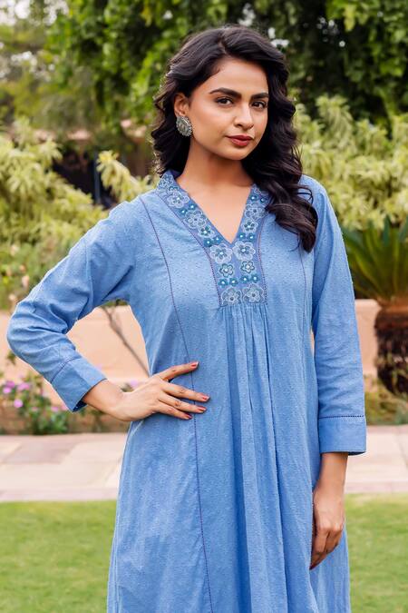 Shop_Missprint_Blue Cotton Embroidery V-neck Saira Sky Anarkali Set _Online_at_Aza_Fashions