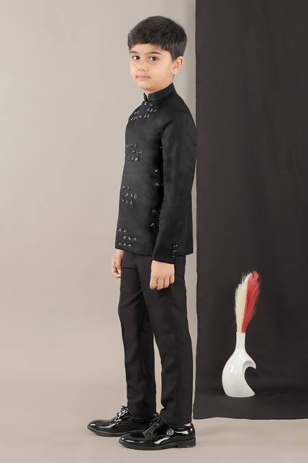 Little Brats_Black Viscose Stones Hand Embroidered Boys Prince Coat Set _Online_at_Aza_Fashions