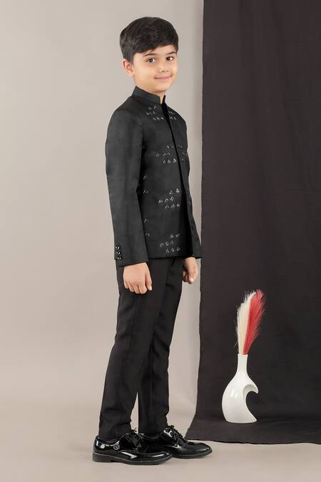Shop_Little Brats_Black Viscose Stones Hand Embroidered Boys Prince Coat Set _Online_at_Aza_Fashions