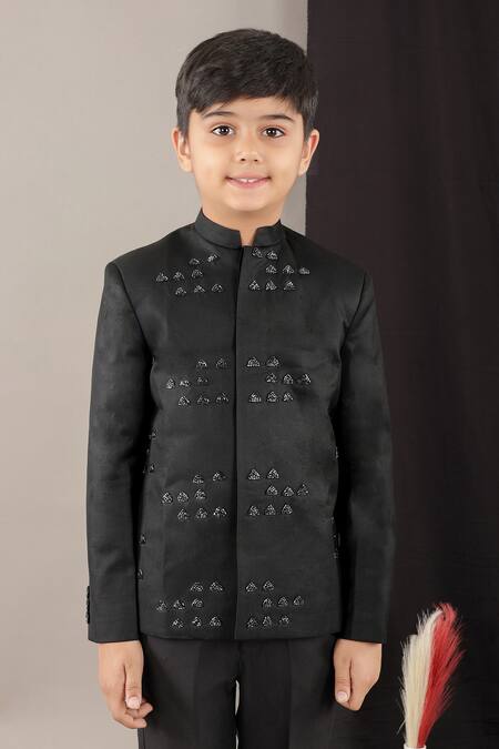 Little Brats_Black Viscose Stones Hand Embroidered Boys Prince Coat Set _at_Aza_Fashions