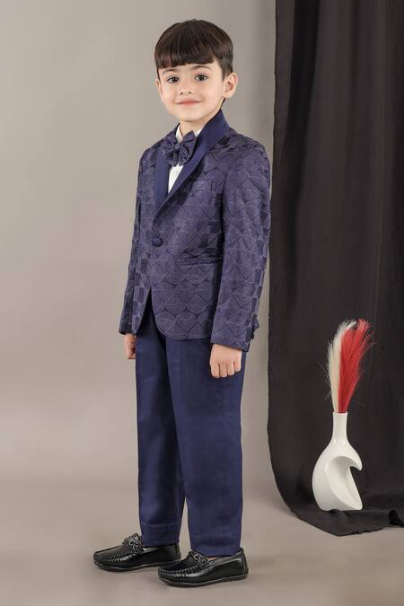 Little Brats_Blue Viscose Geometrical Pattern Kids Tuxedo Set _Online_at_Aza_Fashions