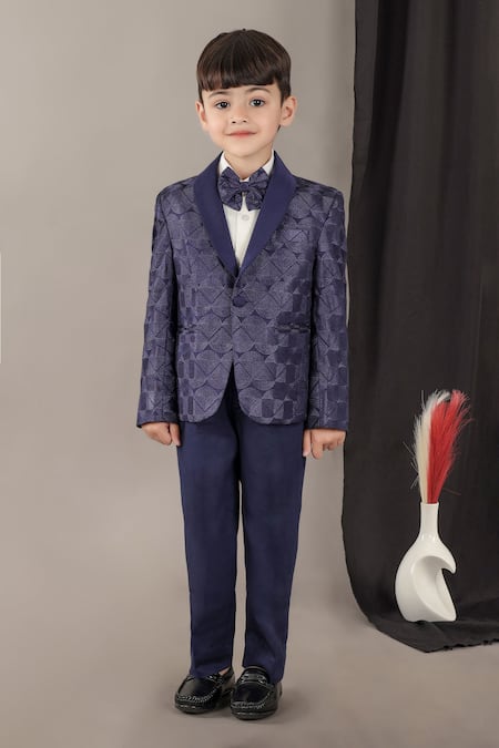 LITTLE BRATS Blue Viscose Geometrical Pattern Kids Tuxedo Set 