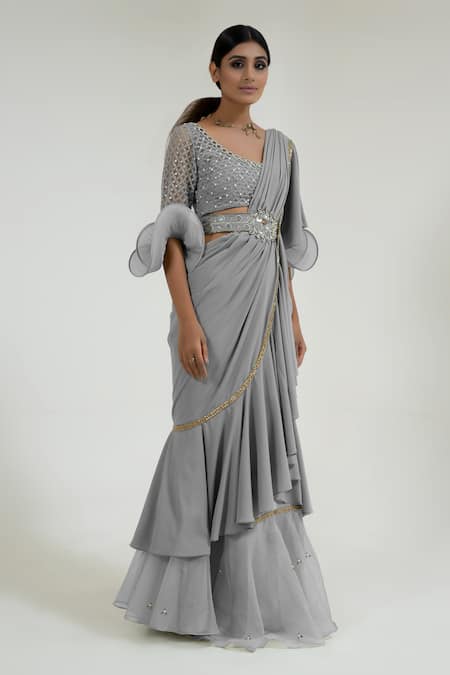 Merge Design Gray Net, Georgette Mirrors Round Neck Grey Work Pre-draped Saree Set 