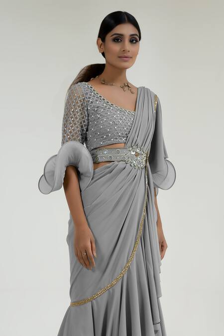 Merge Design_Gray Net, Georgette Mirrors Round Neck Grey Work Pre-draped Saree Set _Online_at_Aza_Fashions