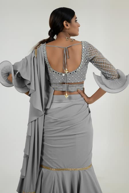 Merge Design Grey Mirror Work Pre-Draped Saree Set 