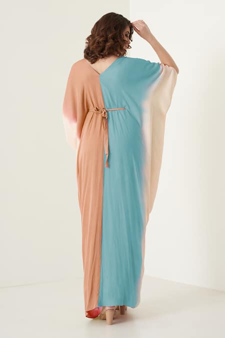 Shop Merge Design Multi Color Modal, Satin Embroidery, Fringe V-neck Multicolor Kaftaan Set at Aza Fashions Shop_Merge Design_Multi Color Modal, Satin Embroidery, Fringe V-neck Multicolor Kaftaan Set _at_Aza_Fashions