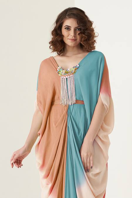 Merge Design Multi Color Modal, Satin Embroidery, Fringe V-neck Multicolor Kaftaan Set Online at Aza Fashions Merge Design_Multi Color Modal, Satin Embroidery, Fringe V-neck Multicolor Kaftaan Set _Online_at_Aza_Fashions