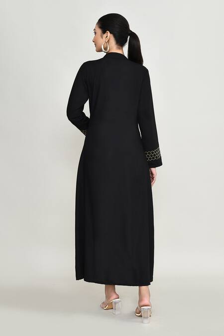 Shop_Abbaran_Black Rayon Embroidery Mandarin Collar Kurta Set With Palazzo _at_Aza_Fashions
