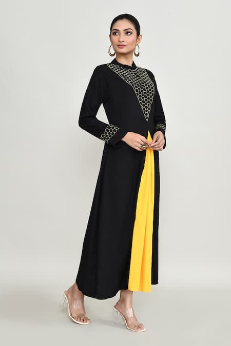 Abbaran_Black Rayon Embroidery Mandarin Collar Kurta Set With Palazzo _Online_at_Aza_Fashions