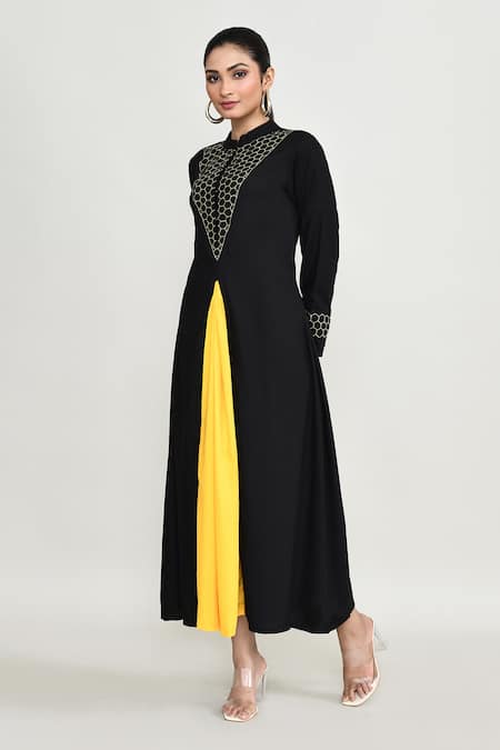 Buy_Abbaran_Black Rayon Embroidery Mandarin Collar Kurta Set With Palazzo _Online_at_Aza_Fashions