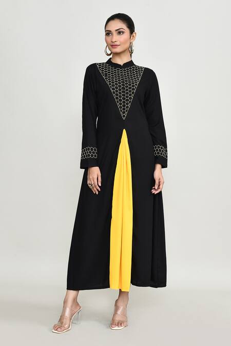 Shop_Abbaran_Black Rayon Embroidery Mandarin Collar Kurta Set With Palazzo _Online_at_Aza_Fashions