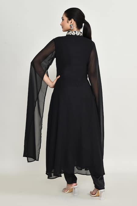 Abbaran_Black Rayon, Shantoon Embroidery Collared Kurta Set _Online_at_Aza_Fashions