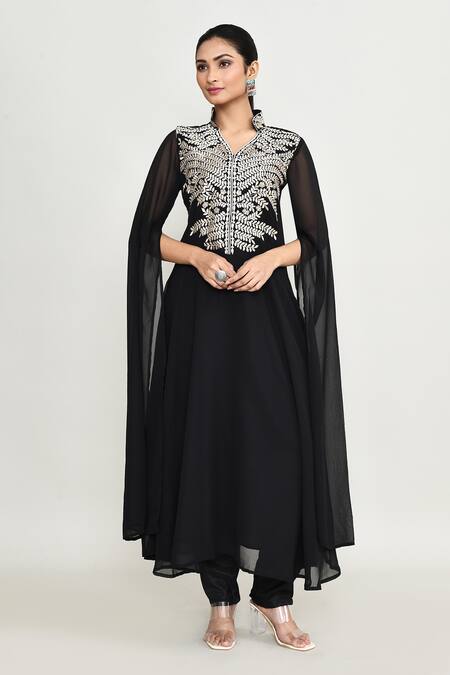 Shop_Abbaran_Black Rayon, Shantoon Embroidery Collared Kurta Set _Online_at_Aza_Fashions