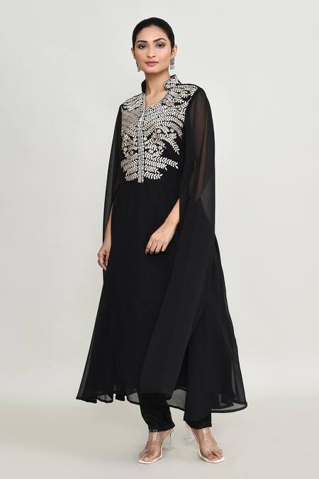 Abbaran_Black Rayon, Shantoon Embroidery Collared Kurta Set _at_Aza_Fashions