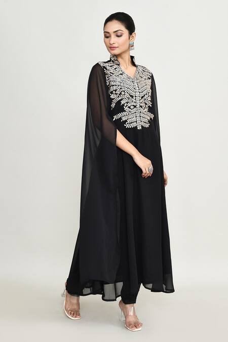 Buy_Abbaran_Black Rayon, Shantoon Embroidery Collared Kurta Set 