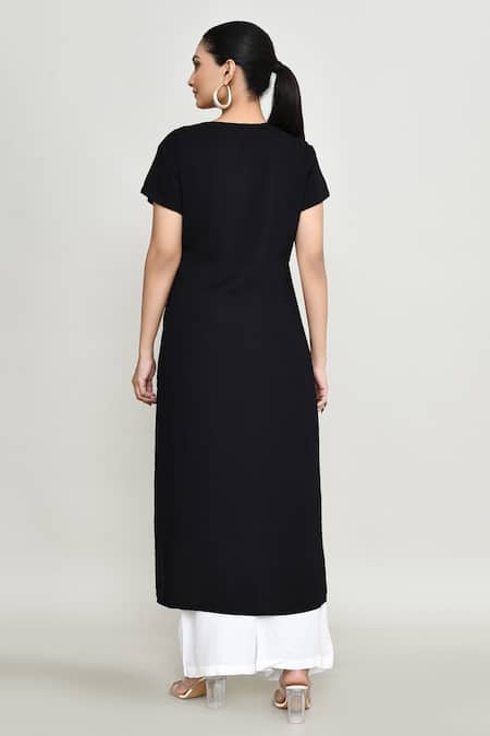 Abbaran_Black Rayon Embroidery Keyhole Neck Kurta And Palazzo Set _Online_at_Aza_Fashions