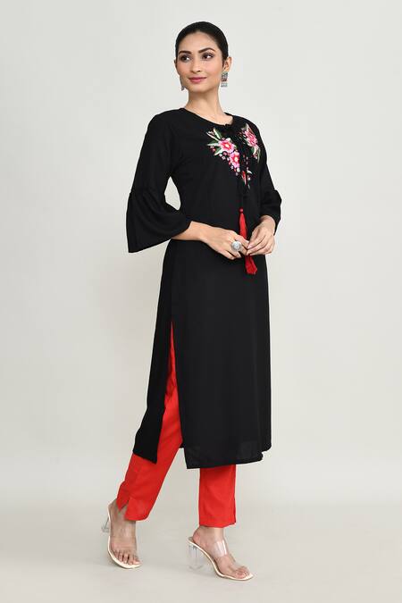 Shop_Abbaran_Black Rayon Embroidery Round Neck Kurta Set _Online_at_Aza_Fashions