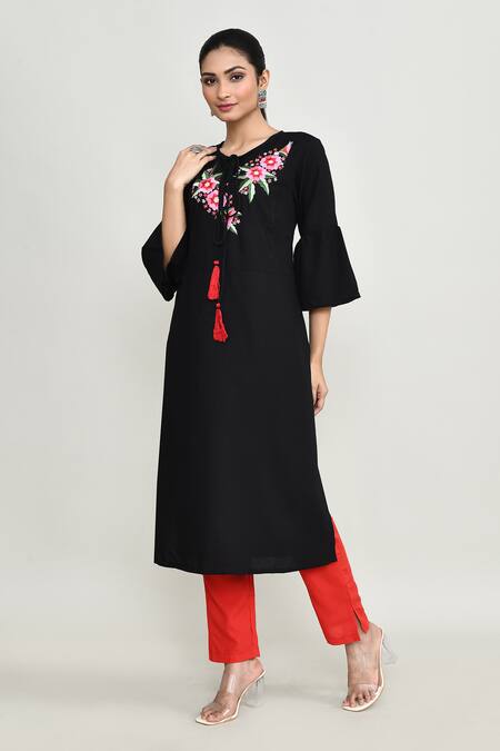 Buy_Abbaran_Black Rayon Embroidery Round Neck Kurta Set 