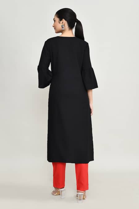 Abbaran_Black Rayon Embroidery Round Neck Kurta Set _Online_at_Aza_Fashions