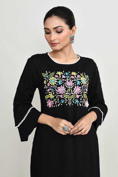 Buy_Abbaran_Black Rayon Embroidery Round Neck Kurta Set With Palazzo _Online_at_Aza_Fashions
