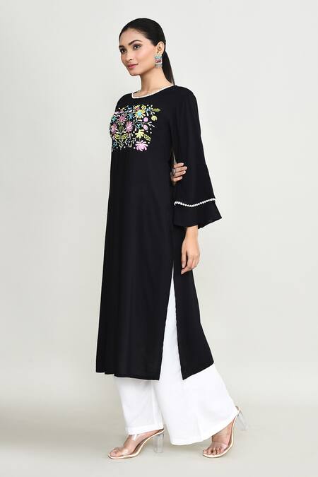 Shop_Abbaran_Black Rayon Embroidery Round Neck Kurta Set With Palazzo _Online_at_Aza_Fashions