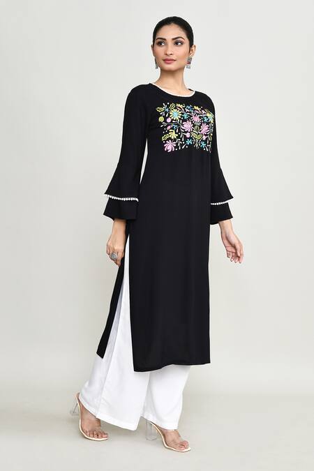 Abbaran_Black Rayon Embroidery Round Neck Kurta Set With Palazzo _at_Aza_Fashions