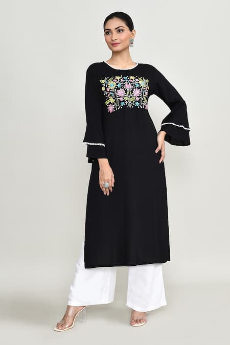 Buy_Abbaran_Black Rayon Embroidery Round Neck Kurta Set With Palazzo 