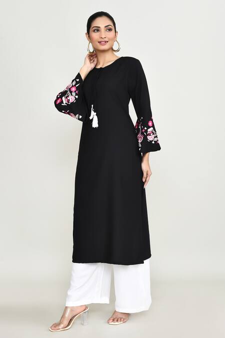 Buy_Abbaran_Black Rayon Embroidery Round Neck Kurta Set _Online_at_Aza_Fashions