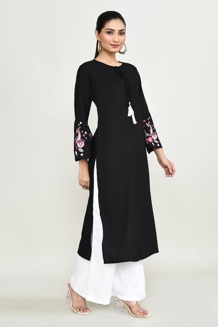 Buy_Abbaran_Black Rayon Embroidery Round Neck Kurta Set 