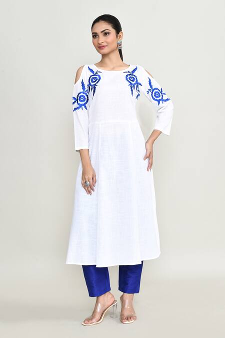 Shop_Abbaran_White Rayon, Silk Embroidery Round Neck Kurta Set _Online_at_Aza_Fashions