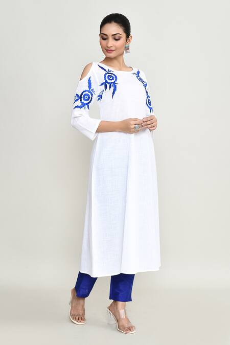 Buy_Abbaran_White Rayon, Silk Embroidery Round Neck Kurta Set 