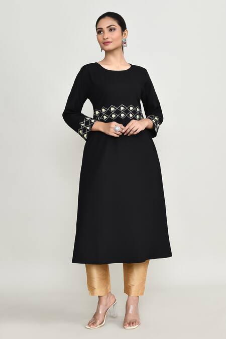 Shop_Abbaran_Black Rayon, Silk Embroidery Round Neck Kurta Pant Set 