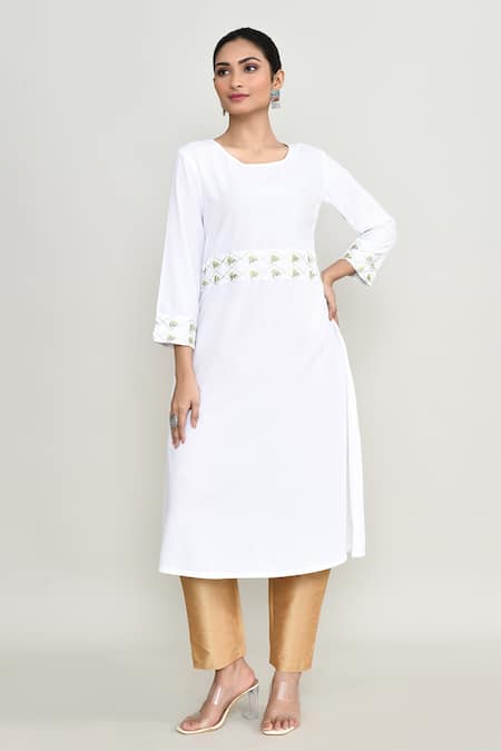 Buy_Abbaran_White Rayon, Silk Embroidery Round Neck Kurta Pant Set _Online_at_Aza_Fashions