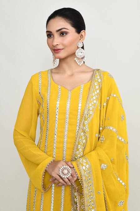 Abbaran_Yellow Chinon Sequins, Embroidery Round Neck Straight Kurta Set _at_Aza_Fashions