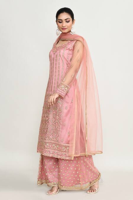 Buy_Abbaran_Pink Georgette Embroidery, Sequins Square Neck Kurta Set 