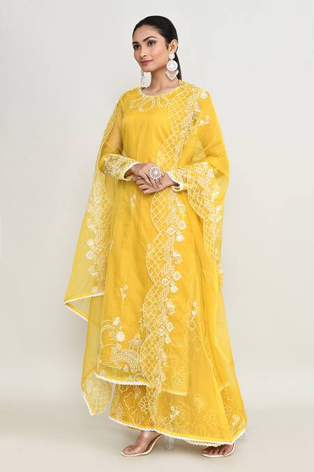 Buy_Abbaran_Yellow Organza, Shantoon Embroidery, Beads Round Neck Kurta Set _Online_at_Aza_Fashions