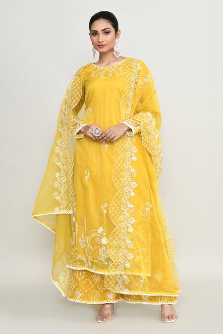 Shop_Abbaran_Yellow Organza, Shantoon Embroidery, Beads Round Neck Kurta Set _Online_at_Aza_Fashions