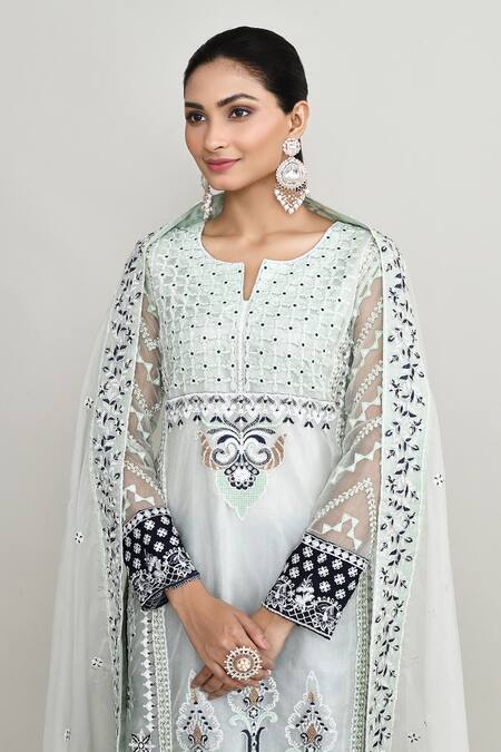 Buy_Abbaran_Blue Net, Jacquard Embroidery, Zari, Stones Keyhole Light Kurta Palazzo Set _Online_at_Aza_Fashions