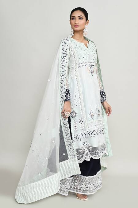Shop_Abbaran_Blue Net, Jacquard Embroidery, Zari, Stones Keyhole Light Kurta Palazzo Set _Online_at_Aza_Fashions